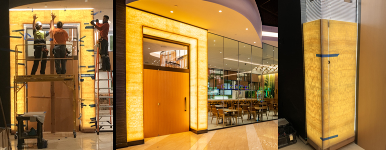 Honey onyx casino feature wall with LED backlighting