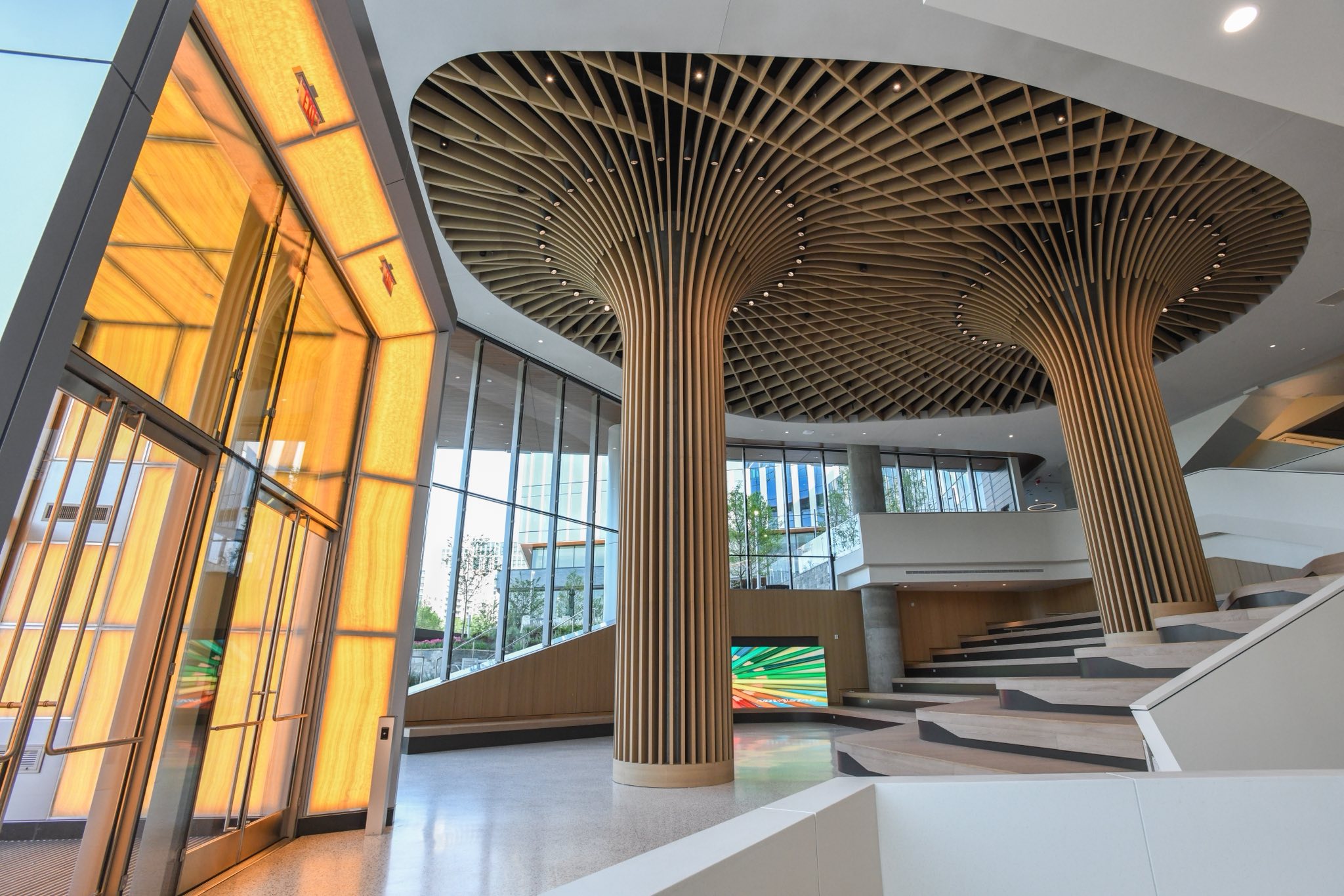Interior atrium at The Pearl with backlit stone banding